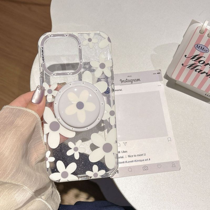 春夏灰色满屏花朵磁吸手机壳带支架iPhone16promax/15适用14pro女|undefined