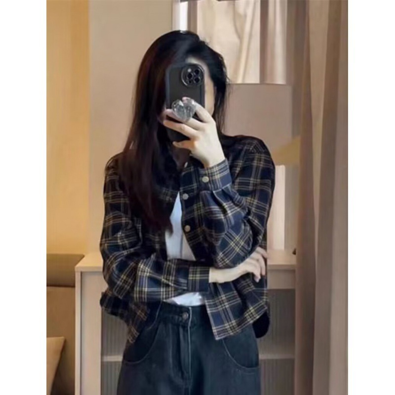 (2개) 샌딩 레트로 격자 셔츠 여성용 짧은 재킷 봄과 가을 2023 새로운 폭발 긴 소매 최고 고급 센스 셔츠
