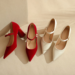 芙號 尖頭粗跟高跟鞋女性感春秋單鞋女2023時尚婚鞋伴娘鞋宴會鞋