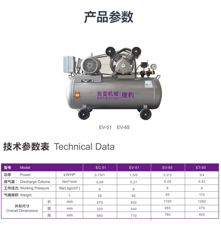 Jaguar Piston Air Compressor EV65 Industrial Air Compressor 2.2KW Mobile Dual-Purpose Air Pump for Painting