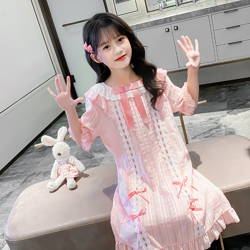 Children's sleepwear for girls, spring and summer medium and large children pure cotton thin sleep dress for girls, princess short-sleeved Lolita home clothes