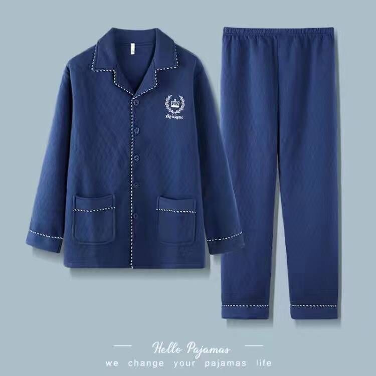 Pijamas para hombre otoño e invierno engrosamiento papá de mediana edad primavera y otoño traje de servicio a domicilio sándwich de algodón de aire de manga larga