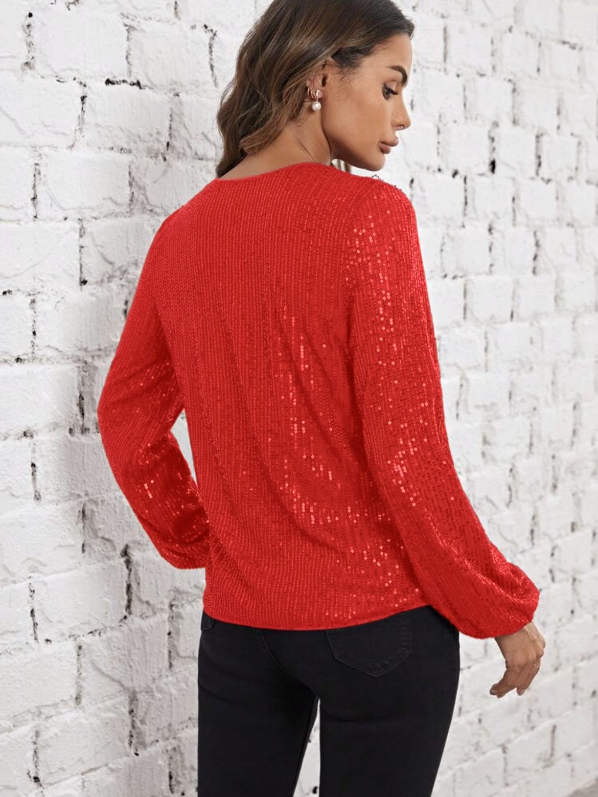 Elegant Women's V-neck Sequin Tunic Top, Long Sleeve Glitter Tee_voghion.com