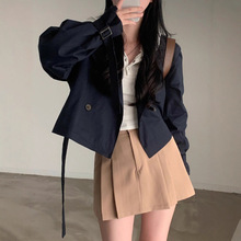 韩国秋季复古小众翻领双排扣系带收腰显瘦长袖工厂短款风衣外套女