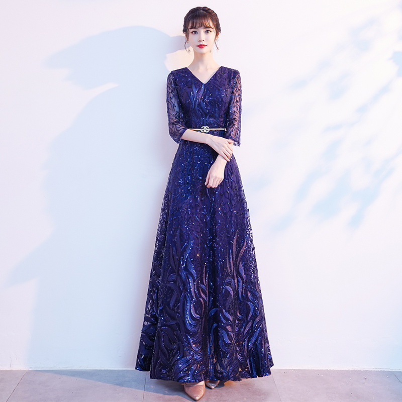 Blue Evening Dress Women's Banquet Long Elegant Light Luxury Niche Host Dress Cantata Performance Dress