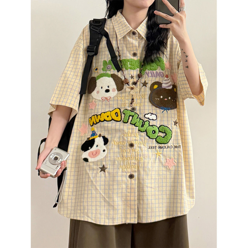 Extra Large Size 150kg Summer Retro Casual Cute Cartoon Puppy Embroidered Plaid Short-Sleeved Shirt Top for Women