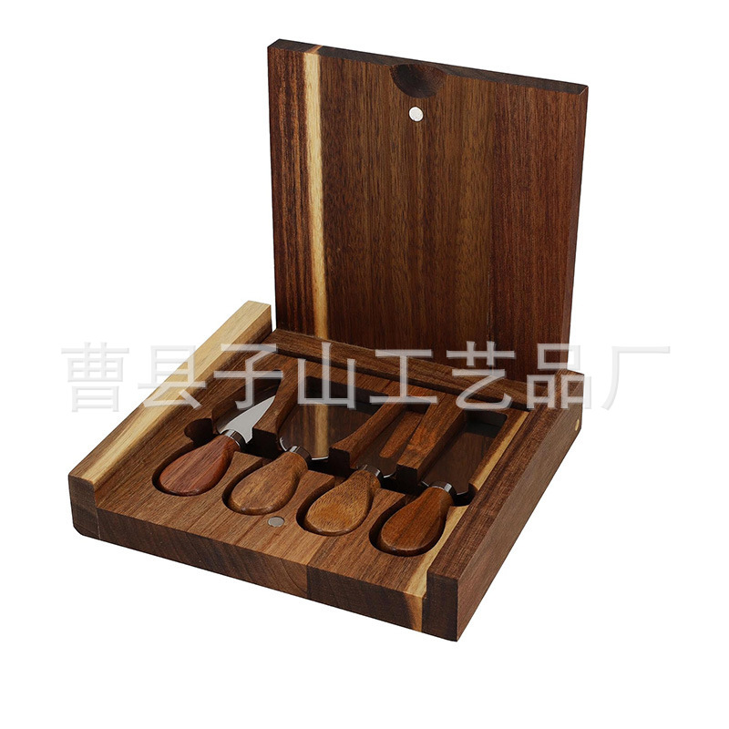 Tablero de queso de madera con tapa de bambú con cuchillo de queso conjunto cuadrado bandeja de pizza de madera portátil al aire libre