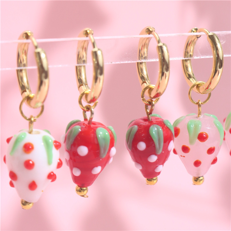 1 Pair Quantity Holiday, Daily Occasion 1 Pair Cute Sweet Fruit Strawberry 304 Stainless Steel Resin Drop Earrings
