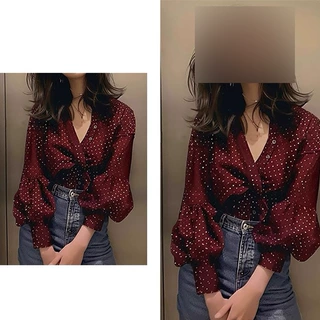 现货厂家直批 别zhi小衫女新款 雪纺波点灯笼袖长袖衬衫 女