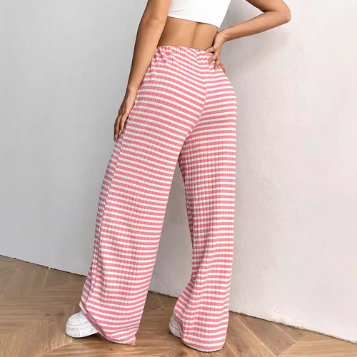Women's Autumn/Winter 2025 European Casual Striped Solid Color Elastic Rope Cotton Straight Leg Pants