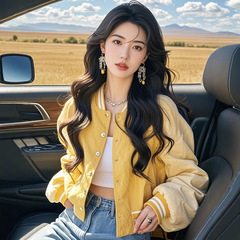 黄色长袖短款棒球服单排扣外套女装秋季新款小个子美式高街潮上衣