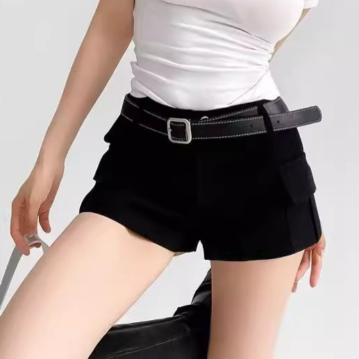 American Retro Spice Girls' Belt Decorations Low Waist Wide Leg Pocket Work Shorts Women's Summer New Sexy Hot Pants Trendy