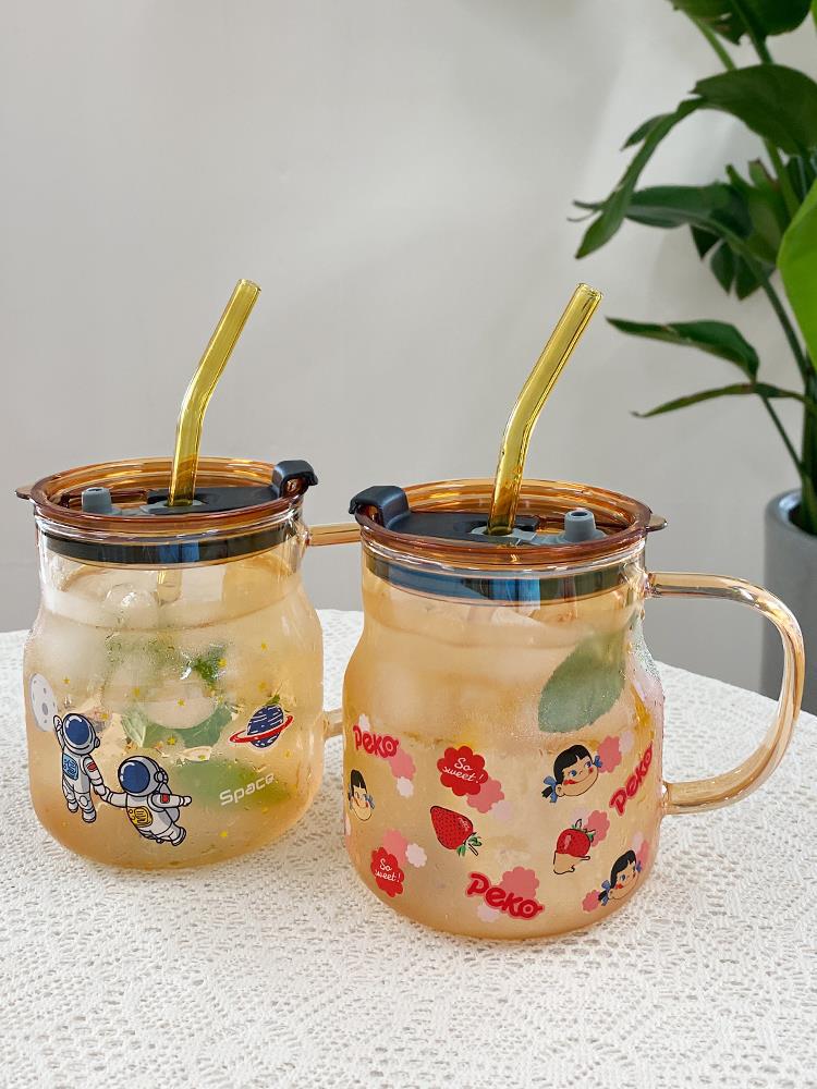玻璃杯網紅女孩把手水杯ins風高顏值帶蓋家用牛奶咖啡吸管水杯子