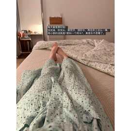 日系简约星星印花纯棉睡衣女春秋季新款大码家居服睡袍女