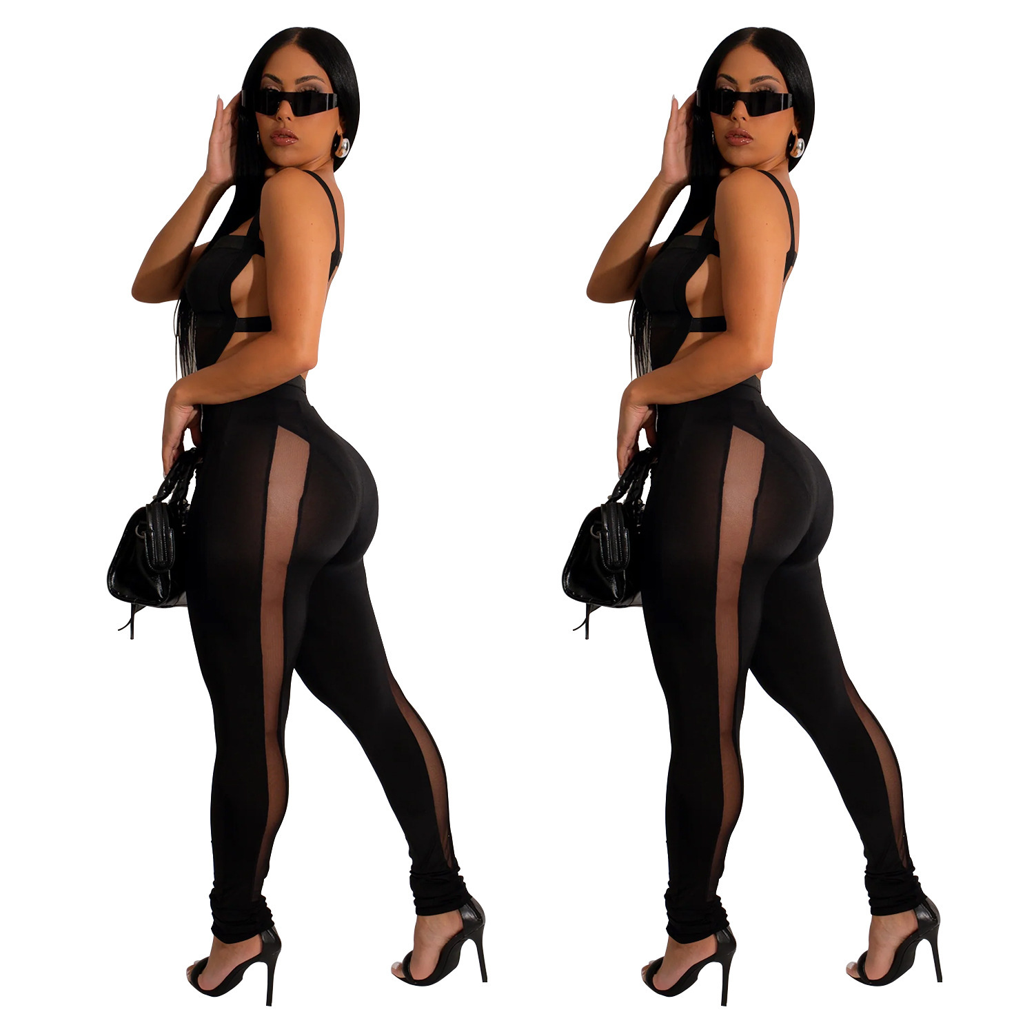 C6332 precio especial no retorno ni cambio de ropa de moda de mujer de malla de color sólido pantalones largos trajes negros para mujeres image 4