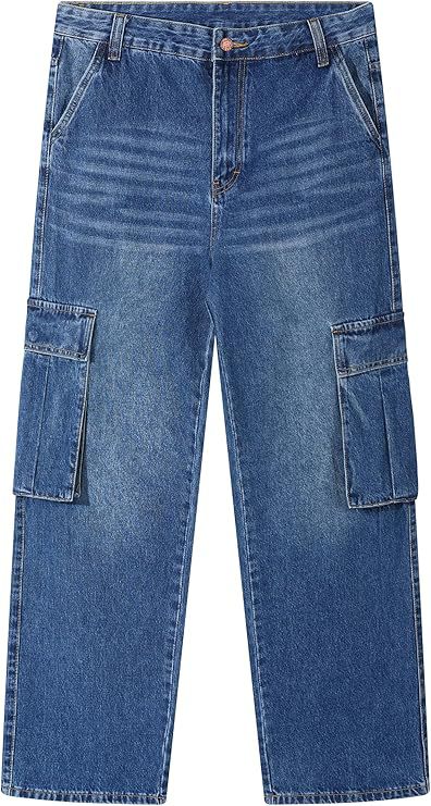 Jeans Rectos con Múltiples Bolsillos para Hombre, Mezcla de Algodón, Elásticos, Corte Holgado, para Uso Diario