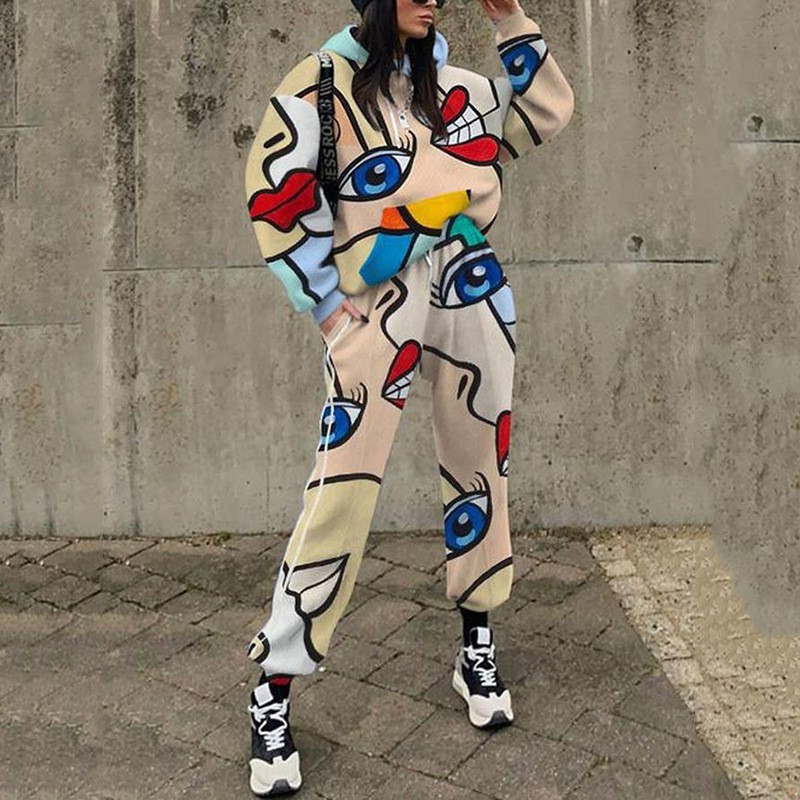 Conjunto de Sudadera Informal con Cuello Redondo y Estampado Holgado para Mujer, Estilo Europeo y Americano, Novedad de Comercio Exterior Transfronterizo para Otoño 2025