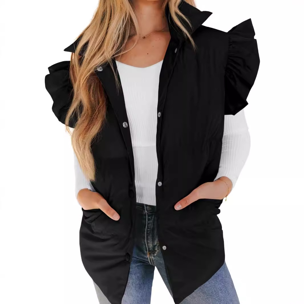 Transfronterizos de otoño e invierno de Europa y América Nueva suelta ropa acolchada de algodón de bolsillo suelto mangas de vuelo elegante Chaleco de pie collar de moda de un solo pecho