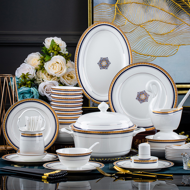 Jingdezhen Bone China Bowl and Plate Set European Court Retro Gold Edge Bowls Luxury High-End Plates for Home Use Gift Wholesale