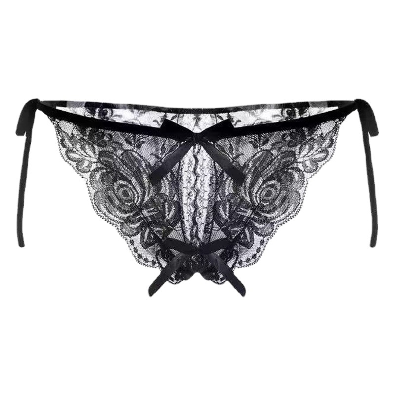 Sexy Lace Open Thong Lace-up Strap Bow Hollow Perspective Briefs Charming Underwear