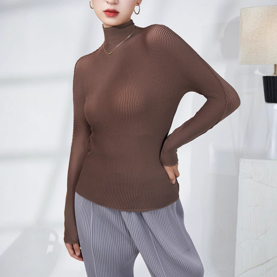 미야케 플리츠 긴팔 티셔츠 여성용 하이 넥 얇은 하이 탄성 플리츠 타이트베이스 셔츠 올 매치 의류 탑 여성