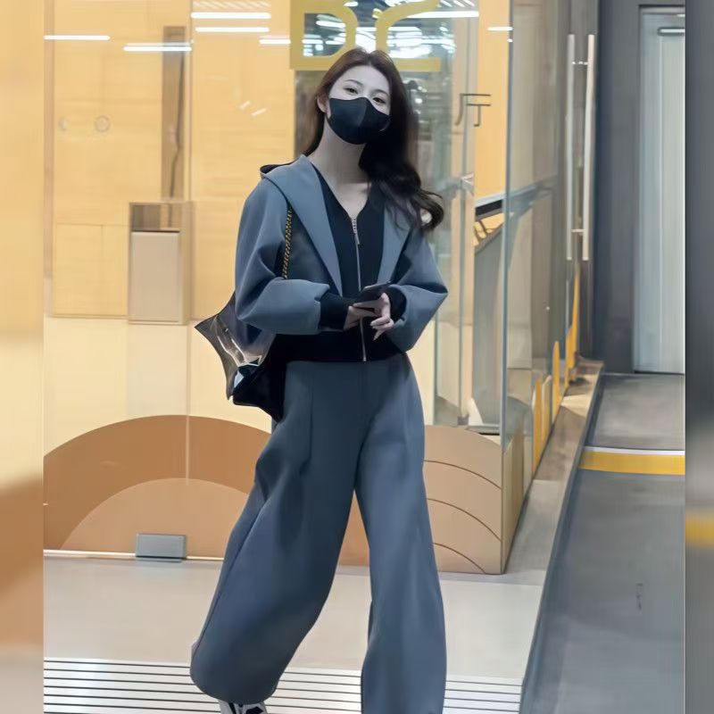 Casual Sports Suit for Women 2025 Spring & Fall New Style Slim and Stylish Fake Two-Piece Tops High-Waisted Wide-Leg Pants Two-Piece Set