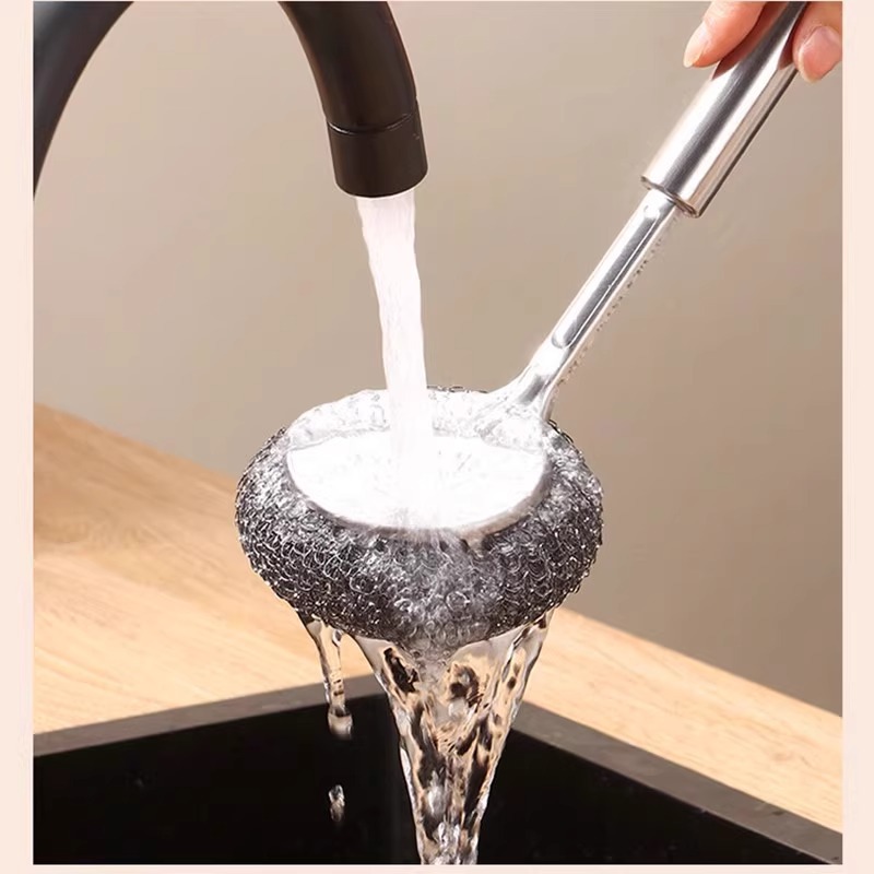 304 ステンレス鋼ポットブラシロングハンドル吊り下げ家庭用キッチンクリーニング食器洗いスチールブラシ交換スチールボールポット