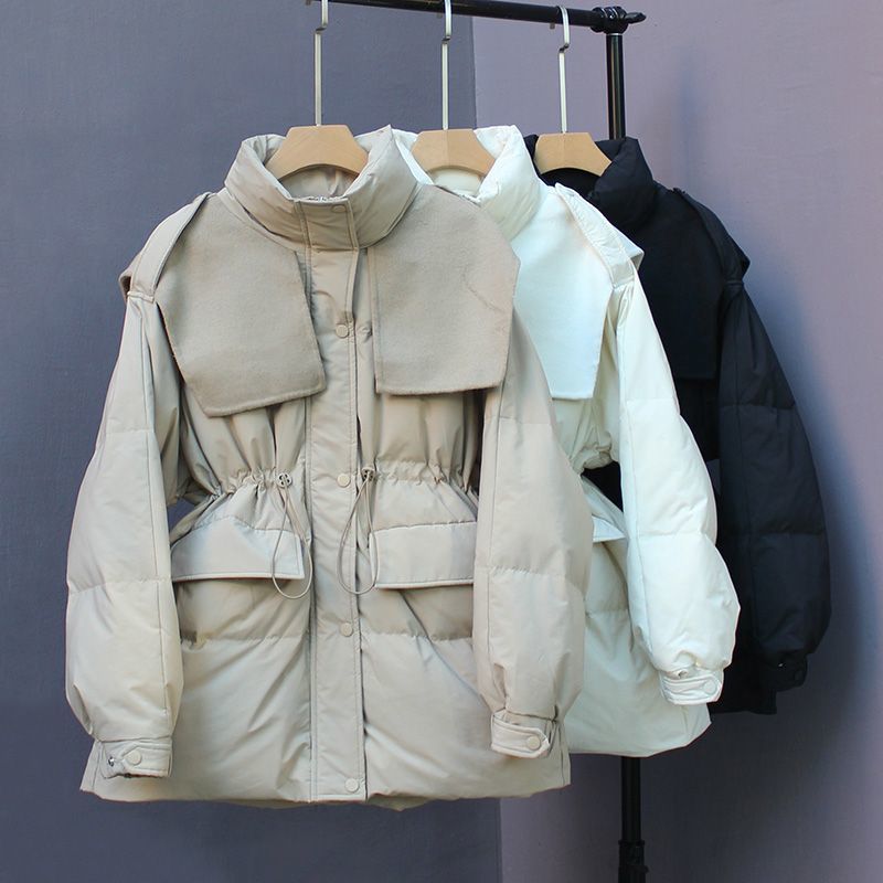 Down Jacket Women's Mid-Length 2024 Winter New Woolen Splicing Korean Style Loose Waist White Duck down Thickeneded Jacket