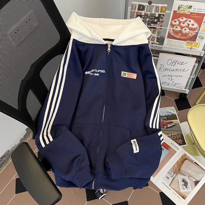 レトロなつなぎ合わせの3本のバーと帽子の衛衣の男女の新型の2024春秋のファスナーの野球服のカーディガンのジャケットのコート|undefined