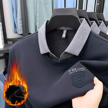 冬季长袖t恤男商务休闲时尚简约衬衫领加绒假两件百搭保暖卫衣男