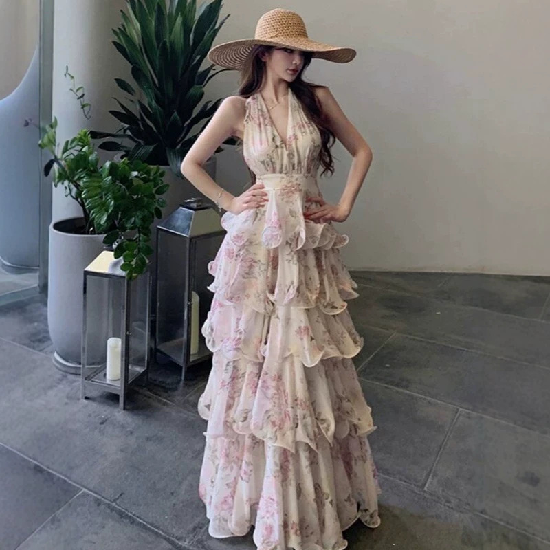 Seaside Vacation Tyndall Dress, Cake Dress, Pink Floral Halter Neck Backless Dress, Stunning Island Beach Long Dress Seaside Vacation Tyndall Dress, Cake Dress, Pink Floral Halter Neck Backless Dress, Stunning Island Beach Long Dress
