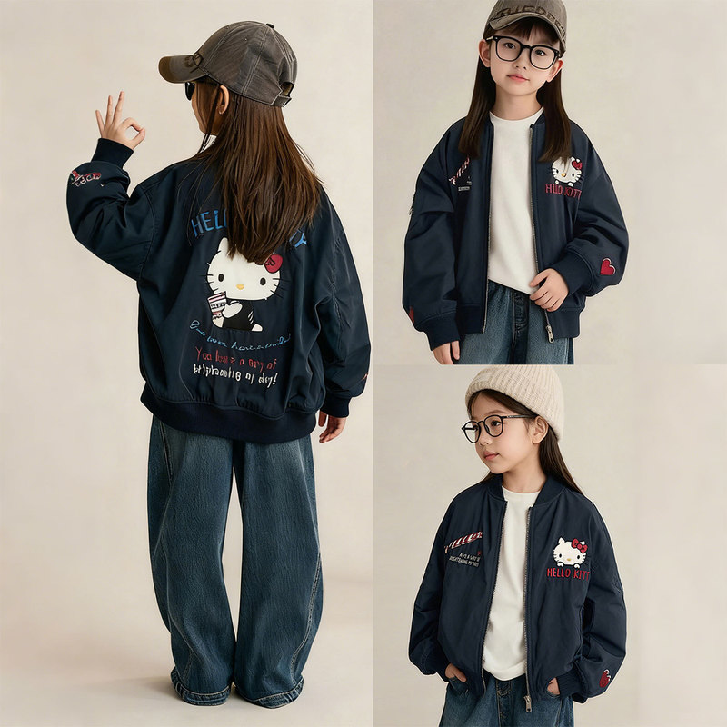 Girls Baseball Jacket Autumn 2025 New Style Children's Kitty Cat Embroidered Jacket Girls Autumn Trendy
