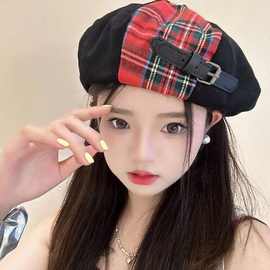 韩国东大门新款红色复古格子大头围贝雷帽女小众原创皮扣画家帽子