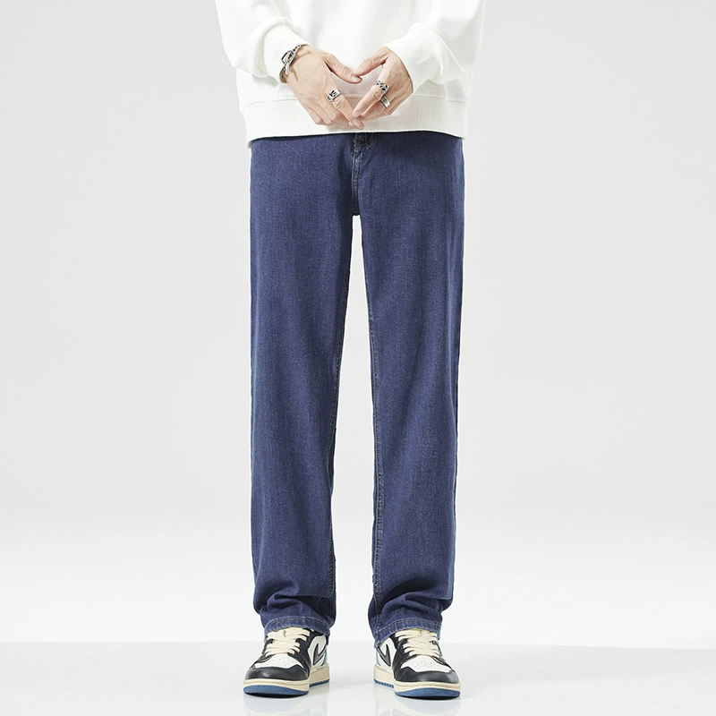 Elite demi-season loose straight jeans, blue casual trousers for leisure, loose fit, autumn