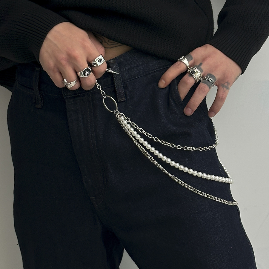 Unique Pearl Patchwork Pants Trendy High-End Hip-Hop Niche Jeans Waist Chain Men's High Street Accessories_voghion.com