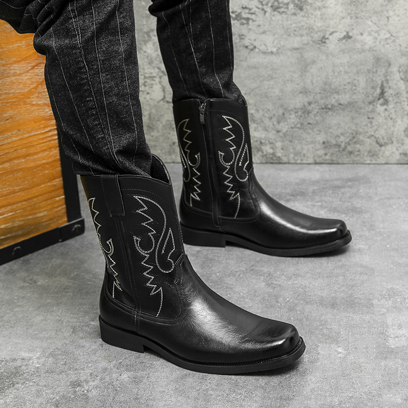 Botas de cuero para hombre Botas de vaquero de estilo occidental de gran tamaño de moda transfronteriza Zapatos de cuero altos de moda Botas de montar de estilo británico retro
