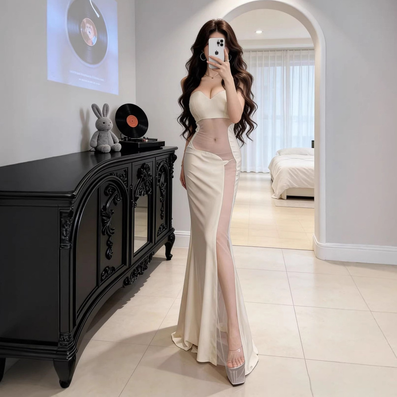 Sexy Tube Top Dress, Nightclub Technician Work Uniform, Figure-Flattering, Elegant Ladylike Evening Dress with Mesh Splicing for Women