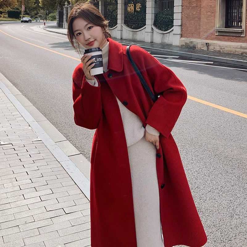 Popular yellow Peter Pan collar wool coat for women, 2026 autumn/winter new Korean style, thickened mid-length wool coat.