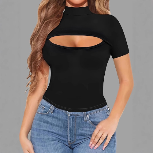 Fall Women's Ripped Top, Fitted Round Neck Short Sleeve Long Sleeve T-Shirt, Casual and Versatile