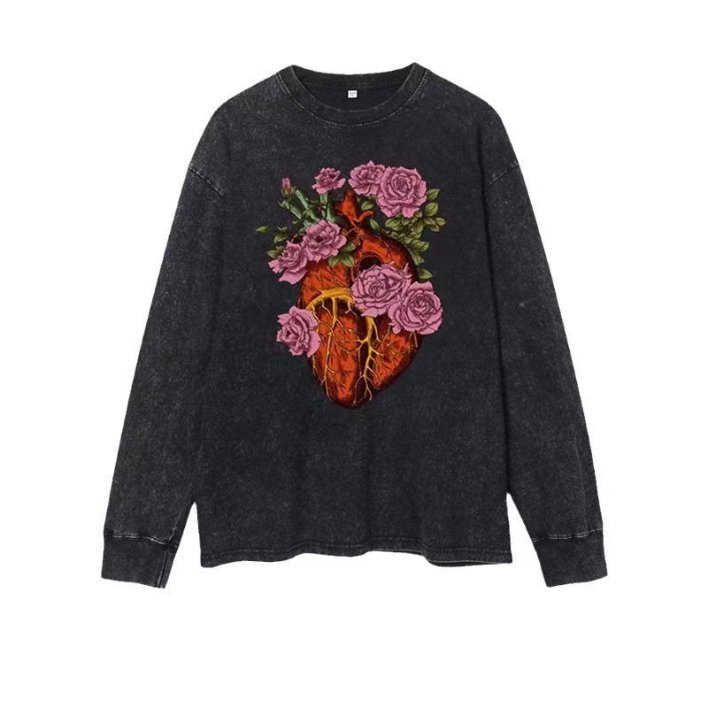 Camiseta de manga larga impresa de marca de alta calle oscura, camiseta para hombres, camiseta de base de pareja suelta de tamaño grande