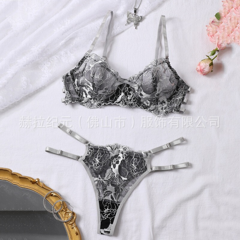 Gray Lace Floral Embroidery Bra and Panty Set, See-Through Sexy and Alluring Lingerie, Pure Desire Style Gray Lace Floral Embroidery Bra and Panty Set, See-Through Sexy and Alluring Lingerie, Pure Desire Style