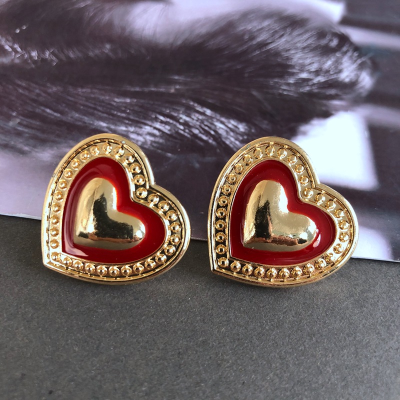 14g Weight No Inlaid Inlay Material Earrings, Ear Studs Classification Wedding, Travel Occasion Alloy Material Printing Pattern Women'S Gender Fashion Style Green, Silver Color Retro Red Oil Drip Glaze Enamel Heart Wave Dot Color Matching Geometric Earrings Wholesale Nihaojewelry 6