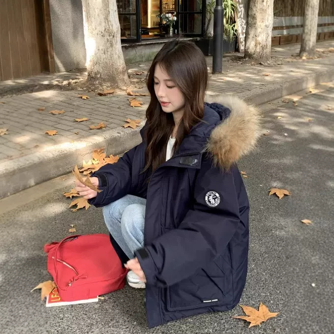 情侣新国标90绒工装真貉子毛外套新国标派克服羽绒服女中长款加厚