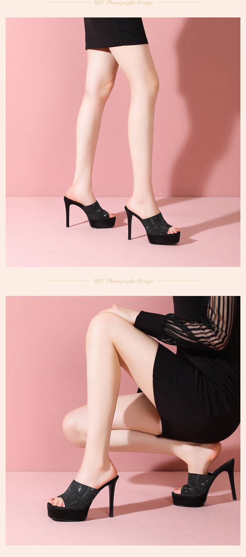 Sandal cao gót nữ quai một dây đính đá, gót nhọn 9 cm, đế platform — đen chi tiết 17