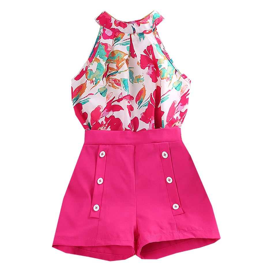 Trajes para niñas europeas y americanas estilo explosivo transfronterizo ropa para niños 2025 nuevo estilo estampado top halter pantalones cortos ropa de verano para niños al por mayor