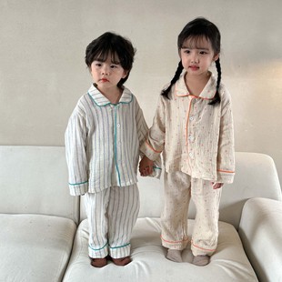 Children's Pajamas Girls' 2023 New Spring and Autumn Cotton Gauze Baby Long Sleeve Suit Girls' Boys' Home Clothes