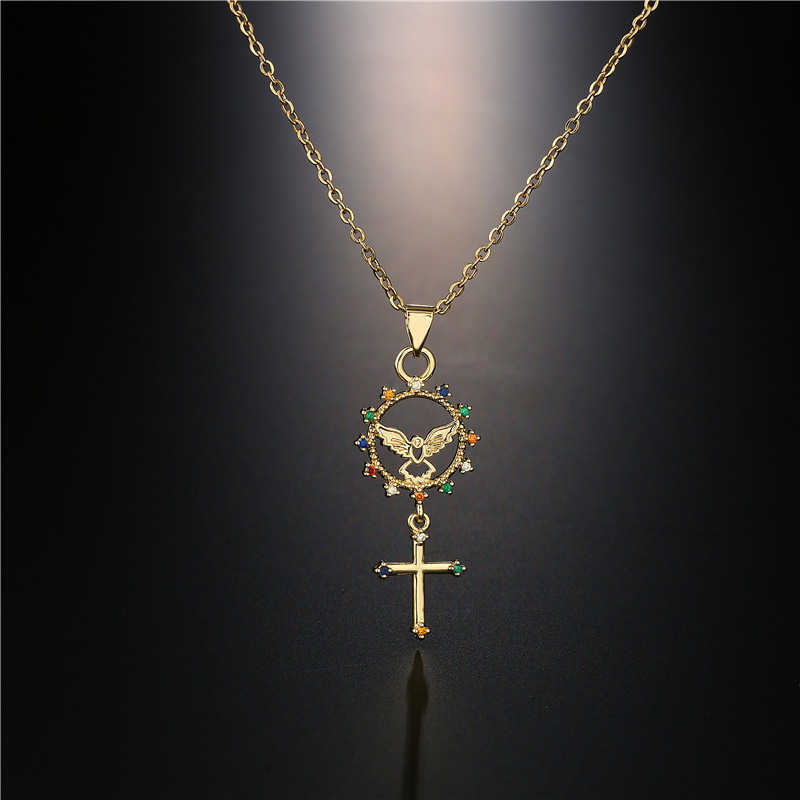 Fashion Copper-plated Real Gold Micro-inlaid Zircon Jewelry Cross Angel Geometric Pendant Necklace display picture 2