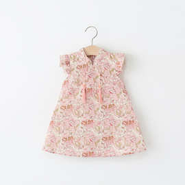 夏季外贸新款童装批发 新中式女童立领小飞袖棉布改良旗袍裙