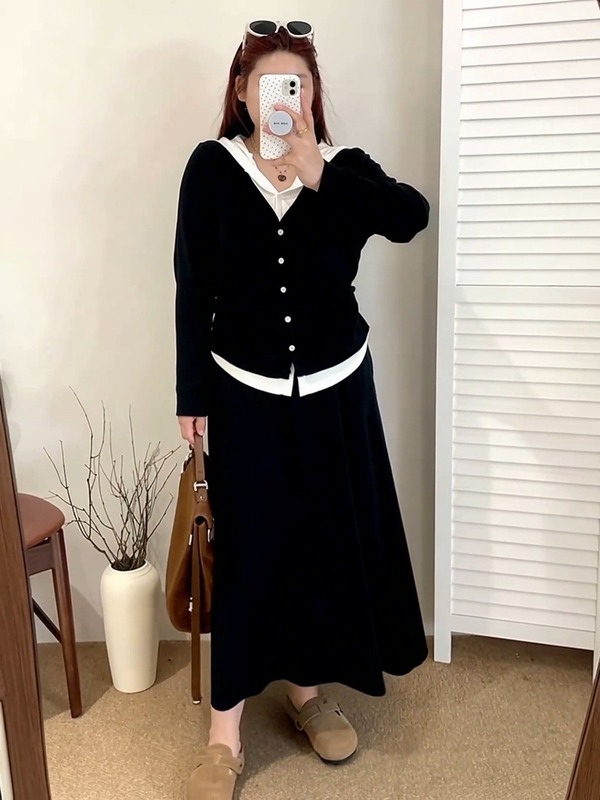 【包邮】大码女装假两件上衣女半裙两件套2025秋款胖mm针织套|undefined