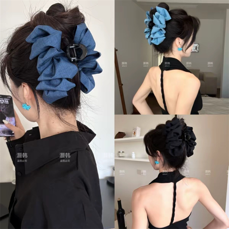 Very Visible at the Back of the Head! New 13cm Large Denim Bubble Clip Summer Sweet and Spicy Style Pleated Denim Hair Clip